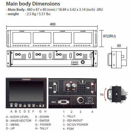  TVLogic PRM-434A 2U Rackmount 4x 4.3" HD-SDI Video Monitors - dimensions