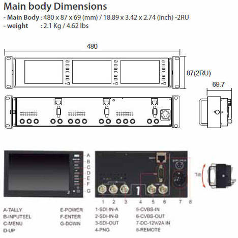 TVLogic PRM-483A 2U Rackmount 3x 4.8" HD-SDI Video Monitors - dimensions