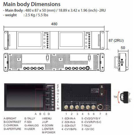 TVLogic PRM-502LE 2U Rackmount 2x 5" HD-SDI Video Monitors - dimensions