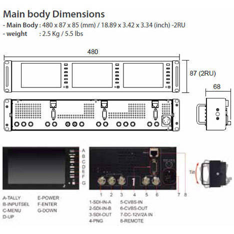 TVLogic PRM-503A 2U Rackmount 3x 5" HD-SDI Video Monitors - dimensions