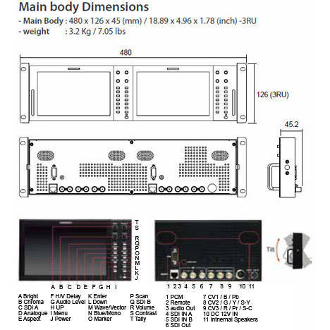 TVLogic PRM-702A 3U Rackmount 2x 7" HD-SDI Video Monitors - dimensions