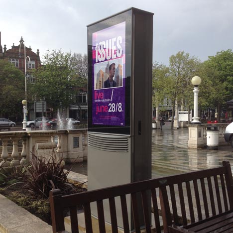 Pixelution installation of two Exterior Digital Signage Totems with high bright screens for venue advertising.